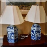 DL03. Pair of blue and white porcelain lamps. 24”h 